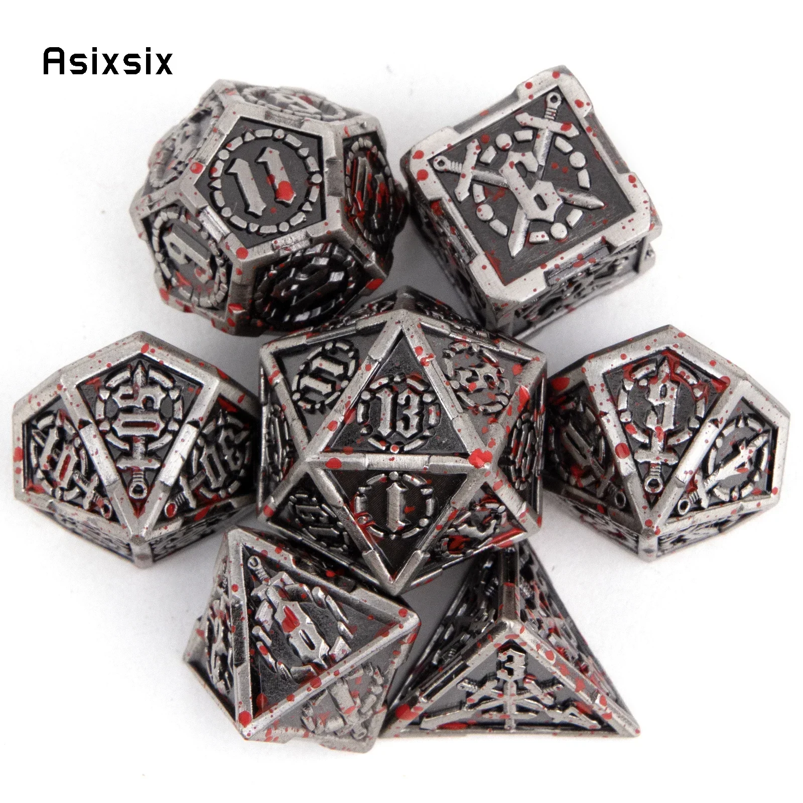 

7 Pcs Silver Red Double Swords Metal Dice Solid Polyhedral Dice Set Suitable for Role-Playing RPG Board Party Dice Prop