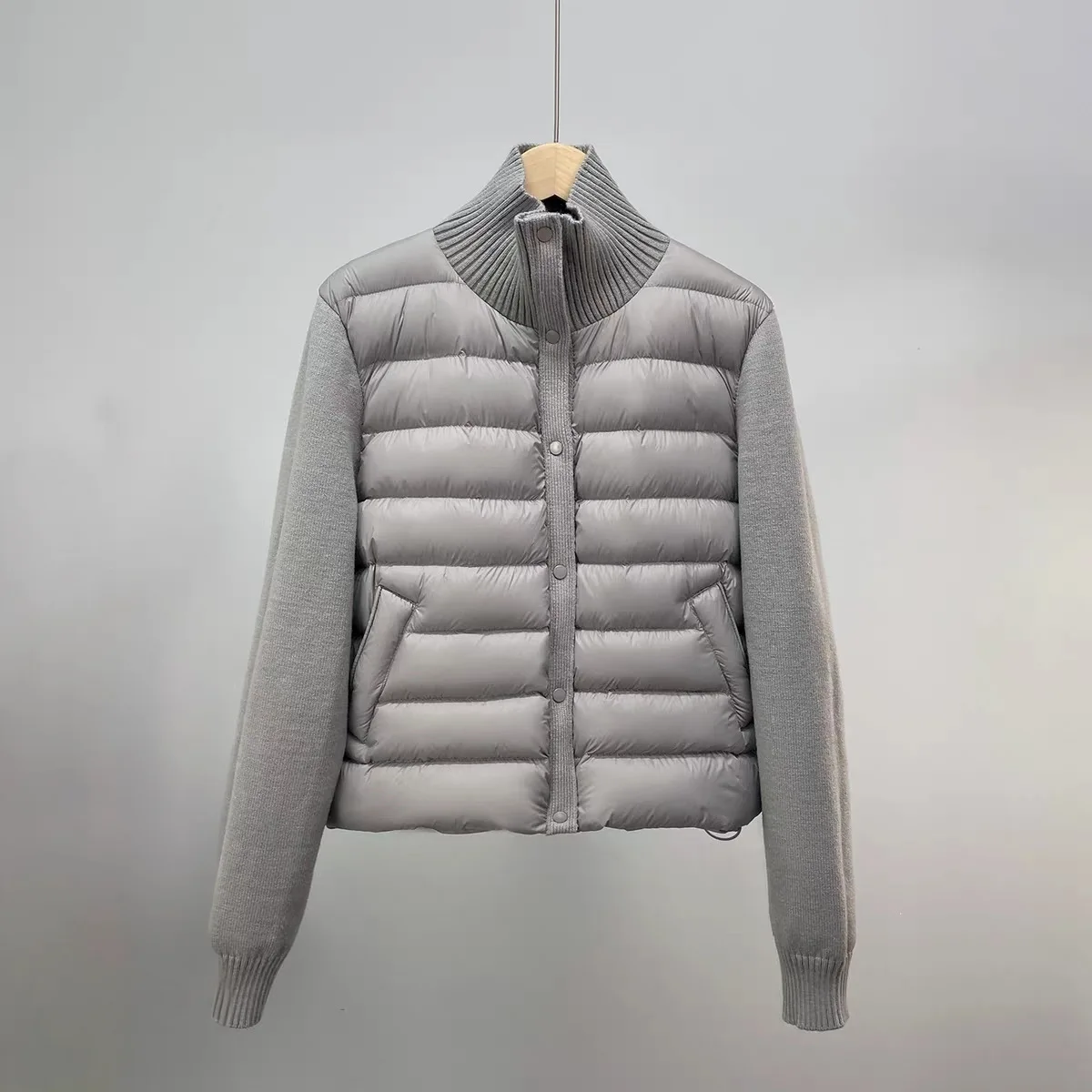Winter Stand Collar Lightweight Down Jacket Female Knitted Sleeve Splicing Parker Jacket Women White Duck Down Button Outwears
