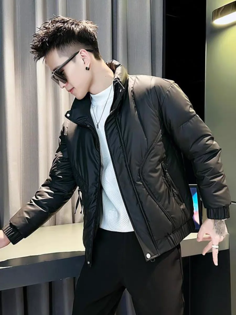 

Winter Thickened Short Cotton Jacket Men's Casual Style Leather Surface Design Stand Collar Warm Outerwear Youth Fashion