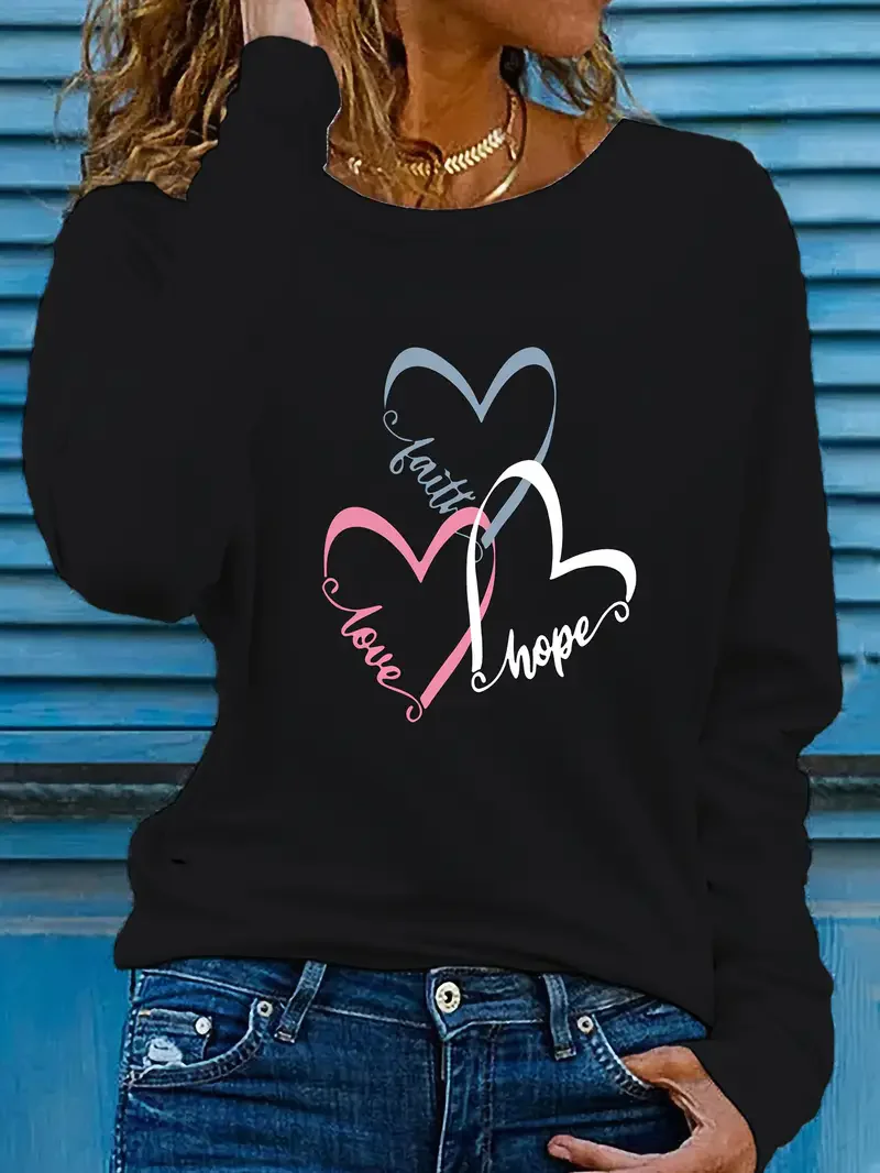 Faith Love Hope Inspirational Shirt Funny Gothic T Shirt Women's Casual Print Long Sleeve T-Shirt Crew Neck Top Tee Tshirt