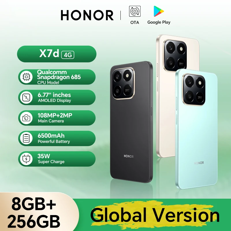 Original HONOR X7d 8+256 Global Version 4G Smarphone 6.77'' TFTLCD Screen 108M Main camera 6500mAh 35W SuperCharge MagicOS 9.0