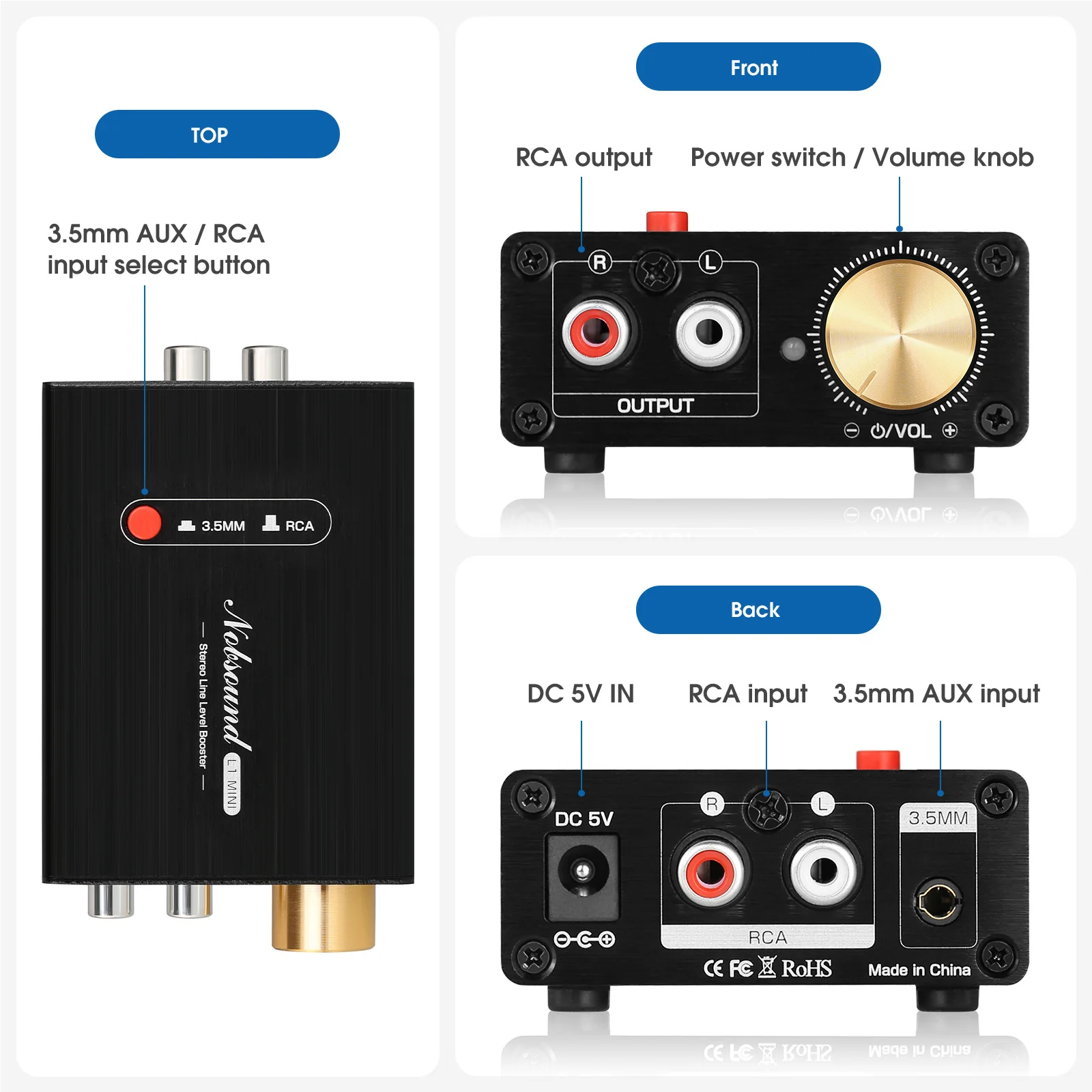 Nobsound L1MINI Mini Amplificador de nível de linha estéreo Pré-amplificador de áudio Ganho de 20dB + Controle de volume