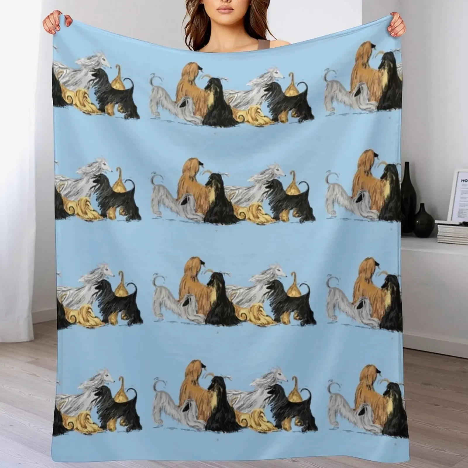 Afghan hounds, on blue Throw Blanket Portable Lightweight Blanket for Travel Camping