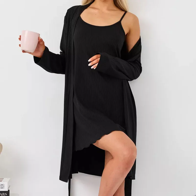 Autumn nightdress two-piece fashion solid color simple suspender skirt long sleeve sexy loungewear women