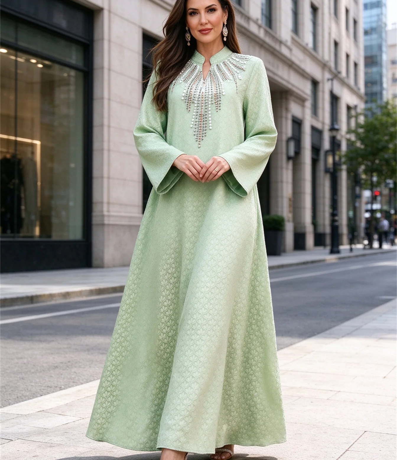 Muslim Women Stand Collar Long Sleeve Abaya Rhinestone Jacquard Maxi Dress Evening Party Kaftan Formal Gown for Wedding Morocco