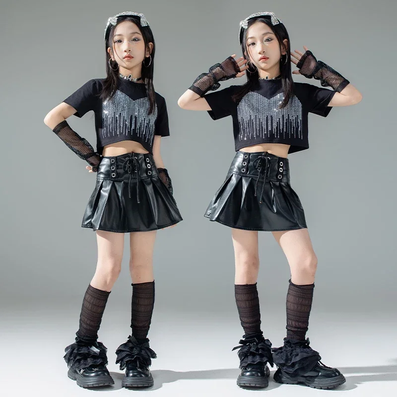 

Summer Children's Clothing Jazz Performance Wear Sequined Short Tops T-Shirt Black Skirt Fashion Kpop Street Dance Costume