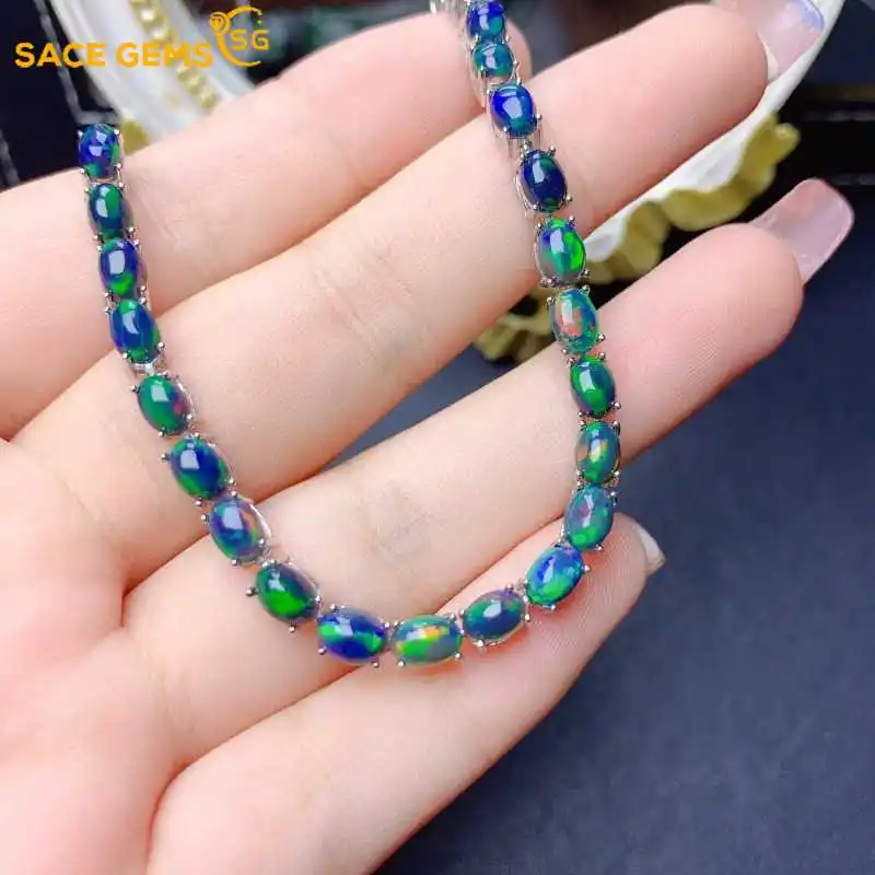 SACE GEMS New Arrival 925 Sterling Silver 4*6MM Natural Opal Gemstone Bracelrts for Women Engagement Cocktail Party Fine Jewelry