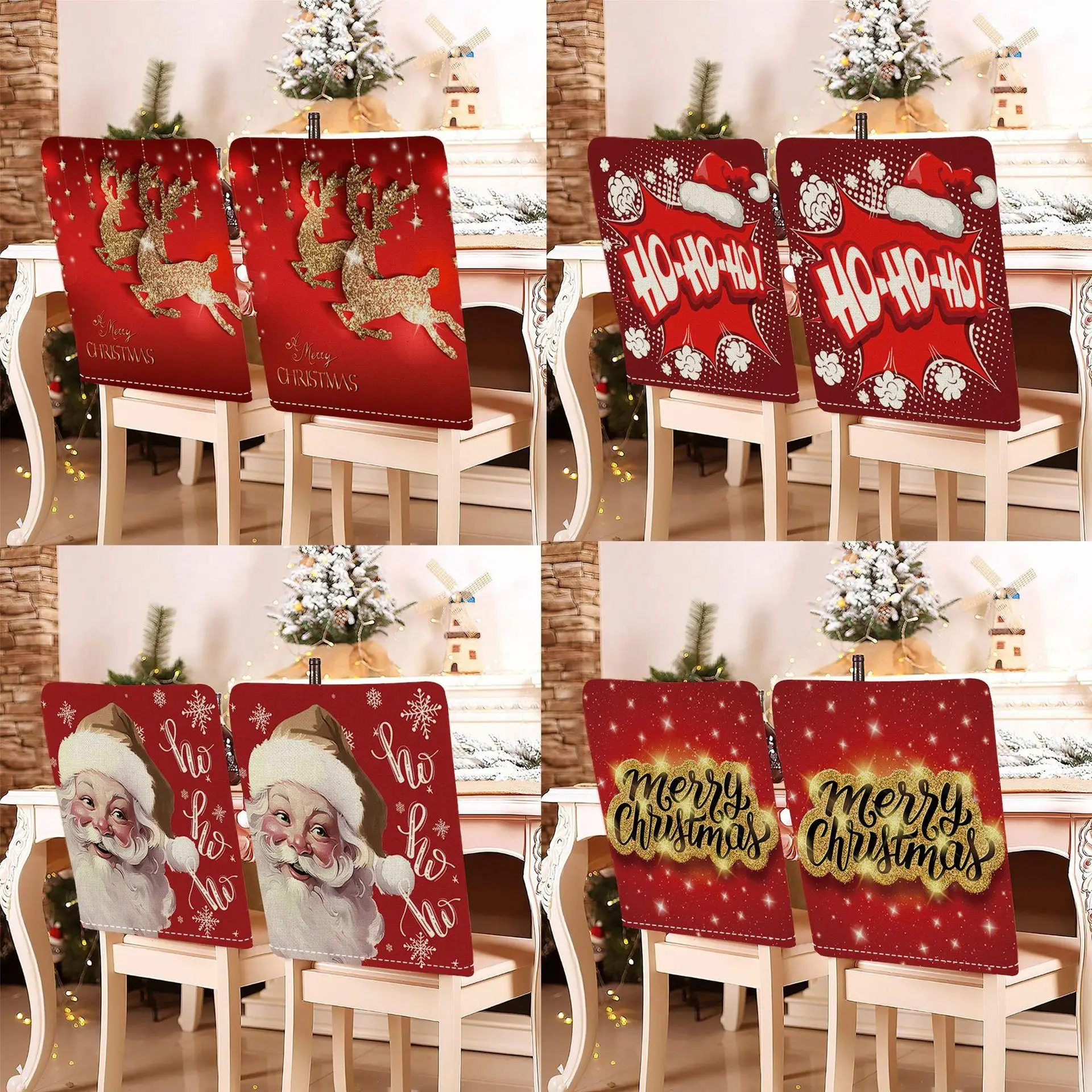 

1pcs Christmas Chair Cover Creative Santa Claus Christmas Deer Series Printed Chairs Slipcover Dining Room Seat Protector