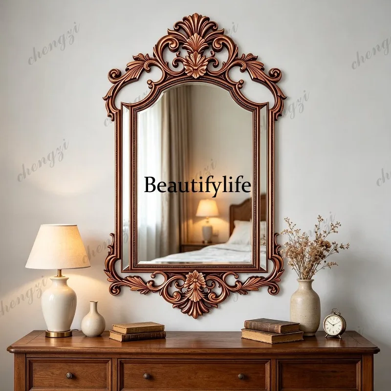 French retro carved bathroom mirror American wall-mounted cosmetic mirror fireplace porch decorative mirror