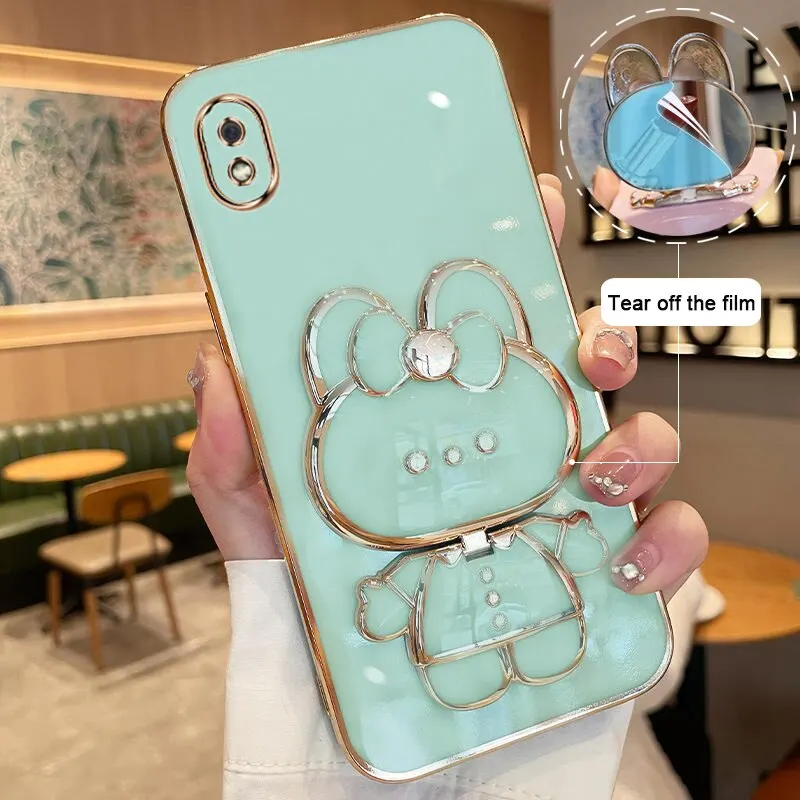 

Makeup Mirror Phone Case For Samsung Galaxy A10 Plating Cartoon Rabbit Folding Bracket Phone Protection Case Cover