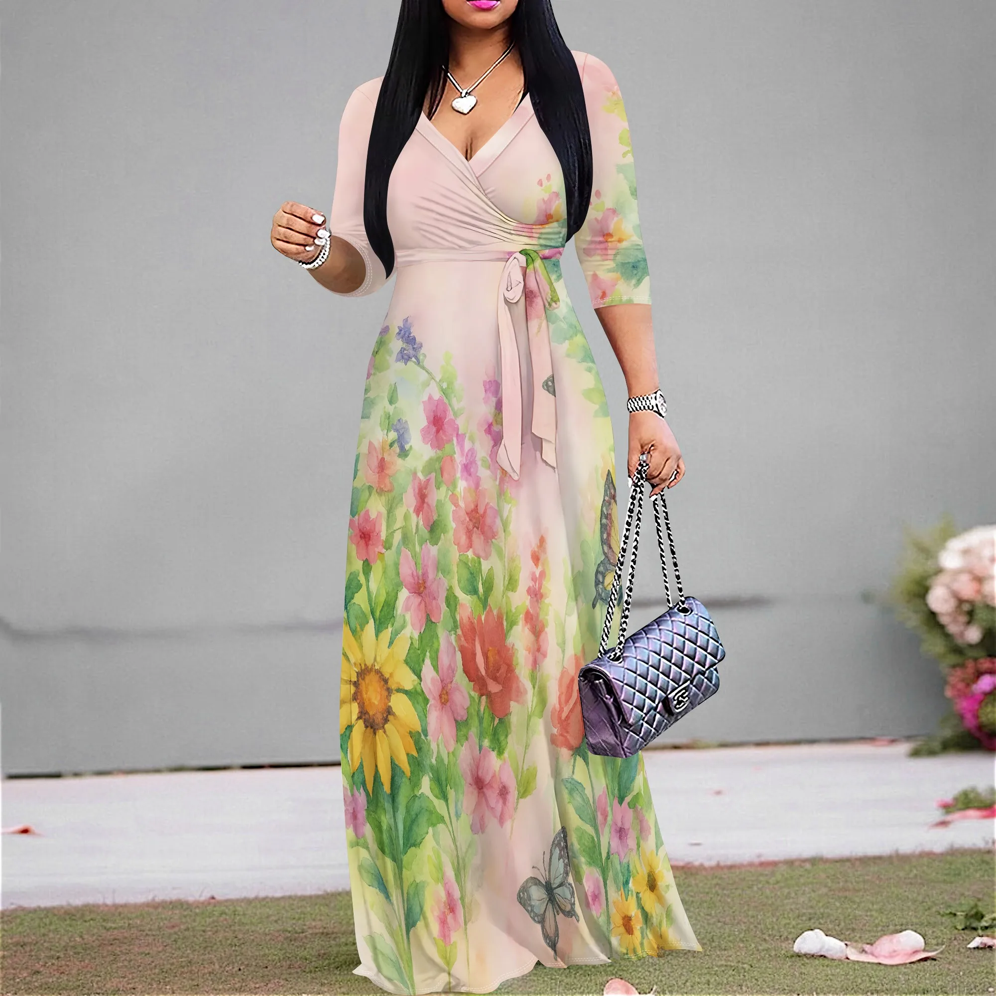 

Plus Size Floral Maxi Dress for Women 2025 Summer V Neck Belted Long Sleeve Elegant Beach Wedding Guest Dress XS to 3XL