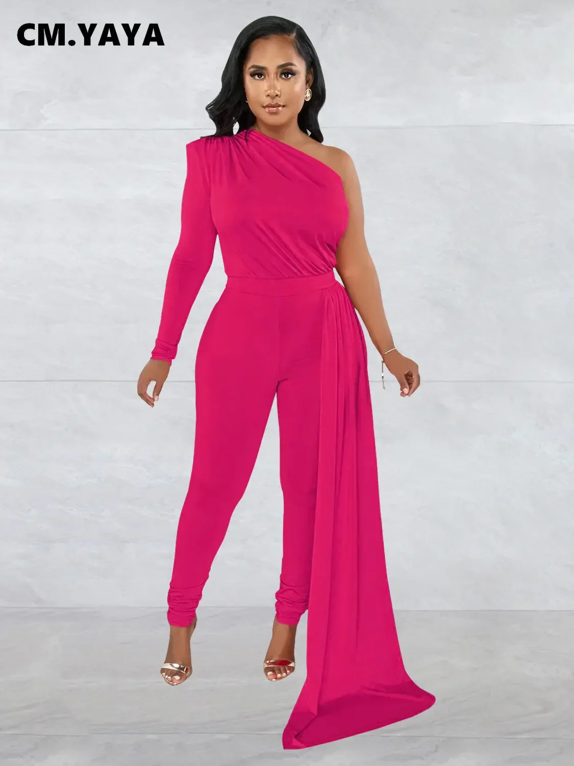 CM.YAYA One Shoulder One Long Sleeve Ruffles Side Splicing High Waist Jumpsuit  Women Prom Party Even One Piece Set Outfits