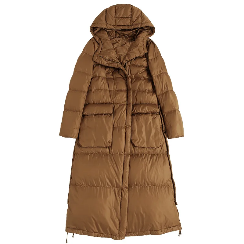Luxury High Quality Hooded Down Jacket Women Warm Winter Over The Knee 90% White Duck Down Thicken Puffer Jacket Trench Coat