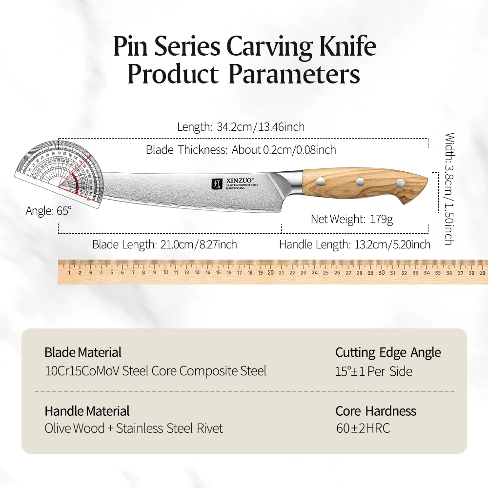 XINZUO 8.27-Inch Composite Steel Carving Knife Olive Wood Stainless Steel Rivet Handle Sharp Durable Exquisite Gift Box