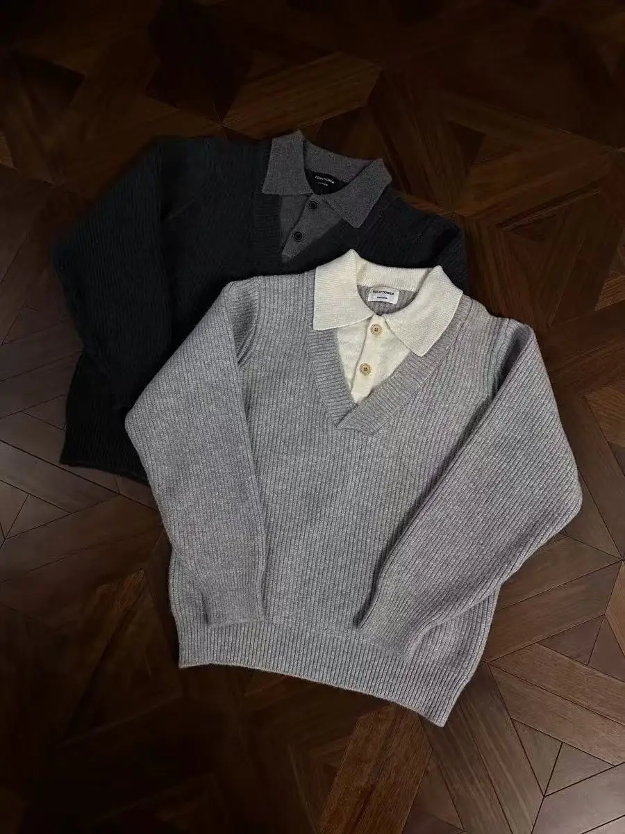 

Повседневный свитер из смесового волокна с V-образным вырезом, имитация двухслойности, для мужчин и женщин, трикотажная одежда для отдыха, комфортный, приятный для кожи, с длинными рукавами