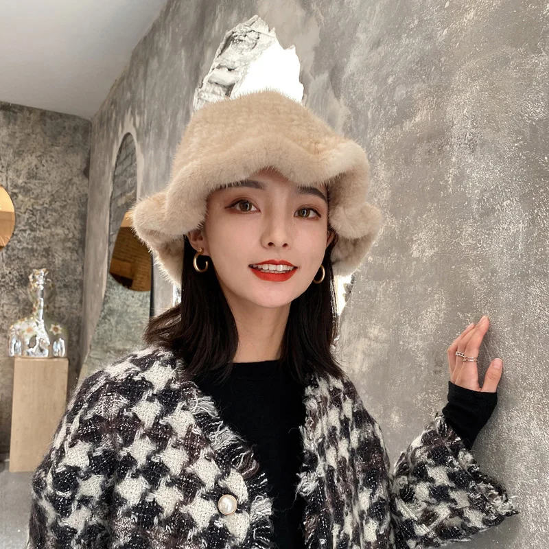 Luxury Brand Ladies Mink Fur Fisherman Hat Winter Fur Hat Adjustable Face Small Wild Mink Hat