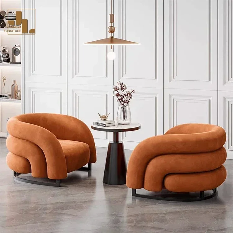 Modern hotel orange velvet single sofa chair living room bedroom simple wood frame upholstered leisure armchair furniture