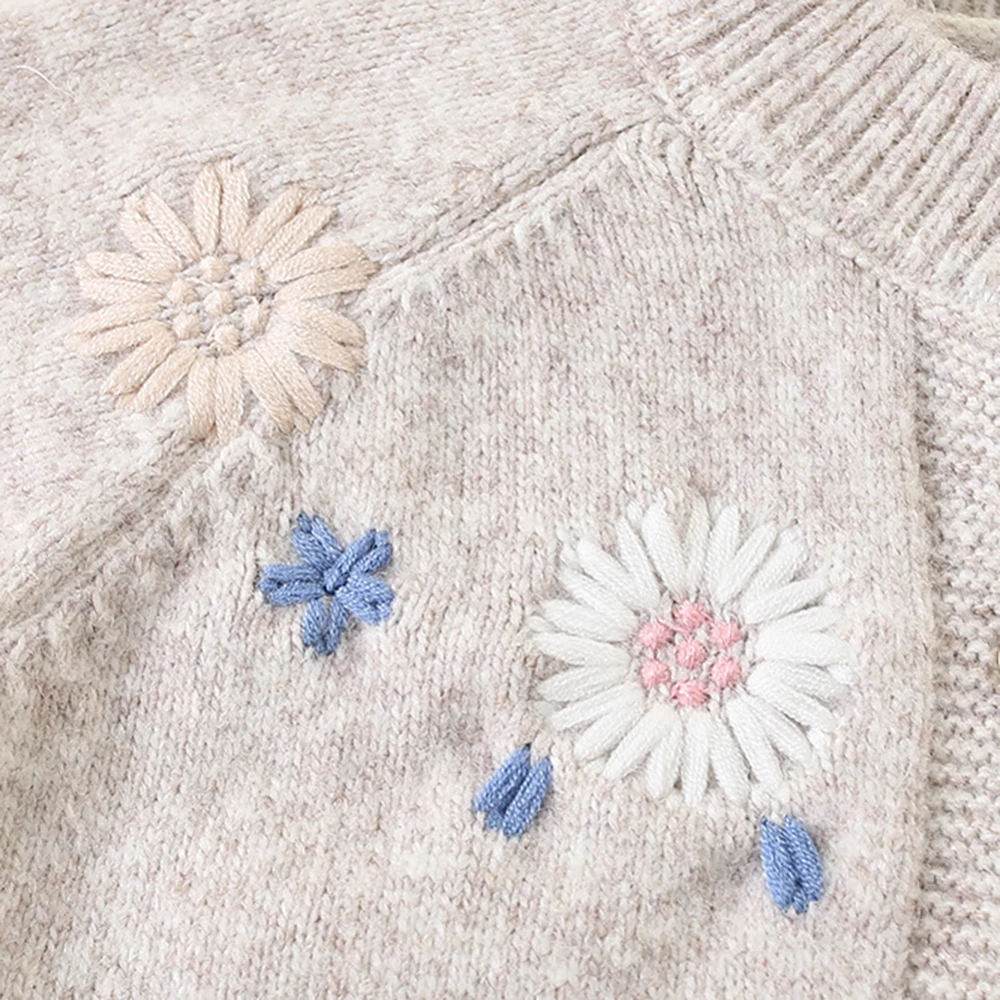 2-7Y Girls Sweaters Single Breast Kids Knit Cardigans Flower Embroidery Girl Knitwear Children Outfit