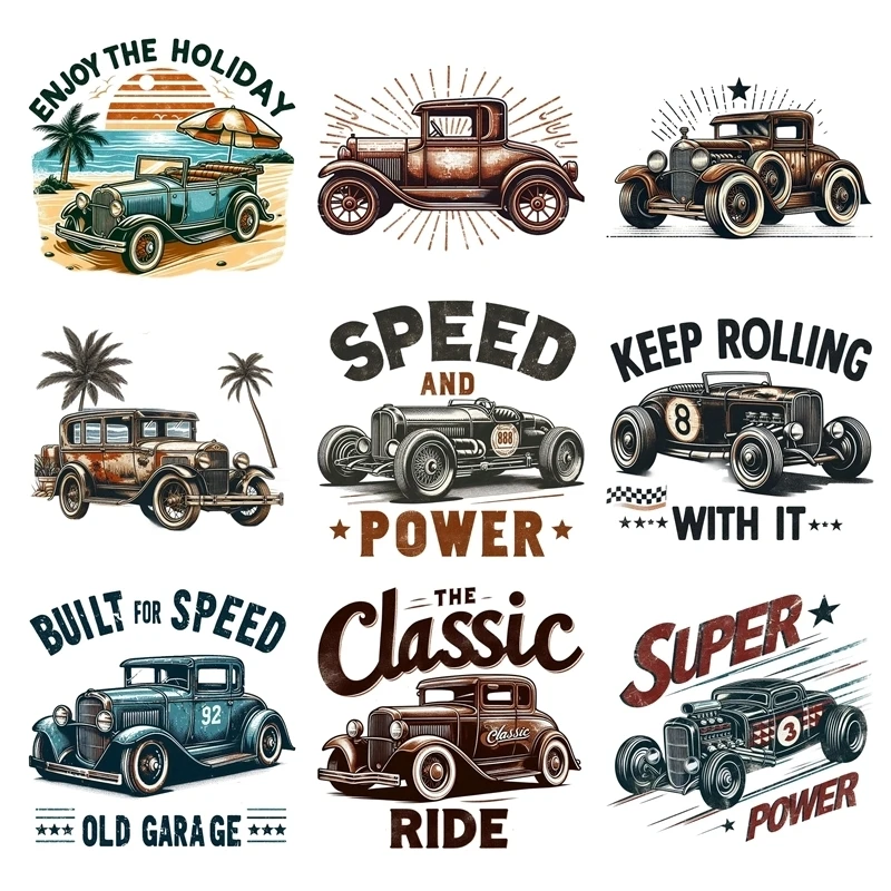 25cm/15cm retro inglês carro série adesivos de transferência de calor dtf ferro em remendos de transferência para crianças adultos roupas deca