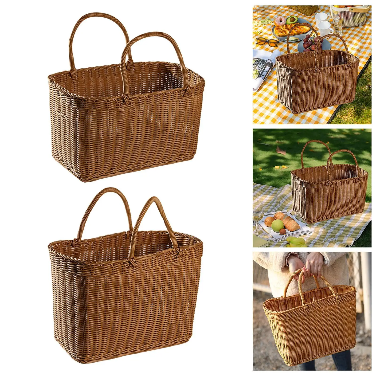 Handwoven Basket with Handle Woven Picnic Basket Toiletries Holder Market Basket Shopping Basket for Weddings Proposals Party