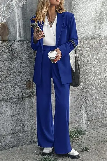 ผู้หญิงฤดูใบไม้ร่วงฤดูหนาว 2 ชิ้นชุดสีทึบแขนยาวเปิดลงปกเสื้อ Blazer ตรงชุดกางเกงยาว