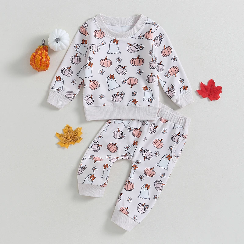 

Newborn Baby's Clothes Girls Halloween Outfits Long Sleeve Pumpkin Ghost Print Sweatshirt and Pants Set Toddler Clothing Set