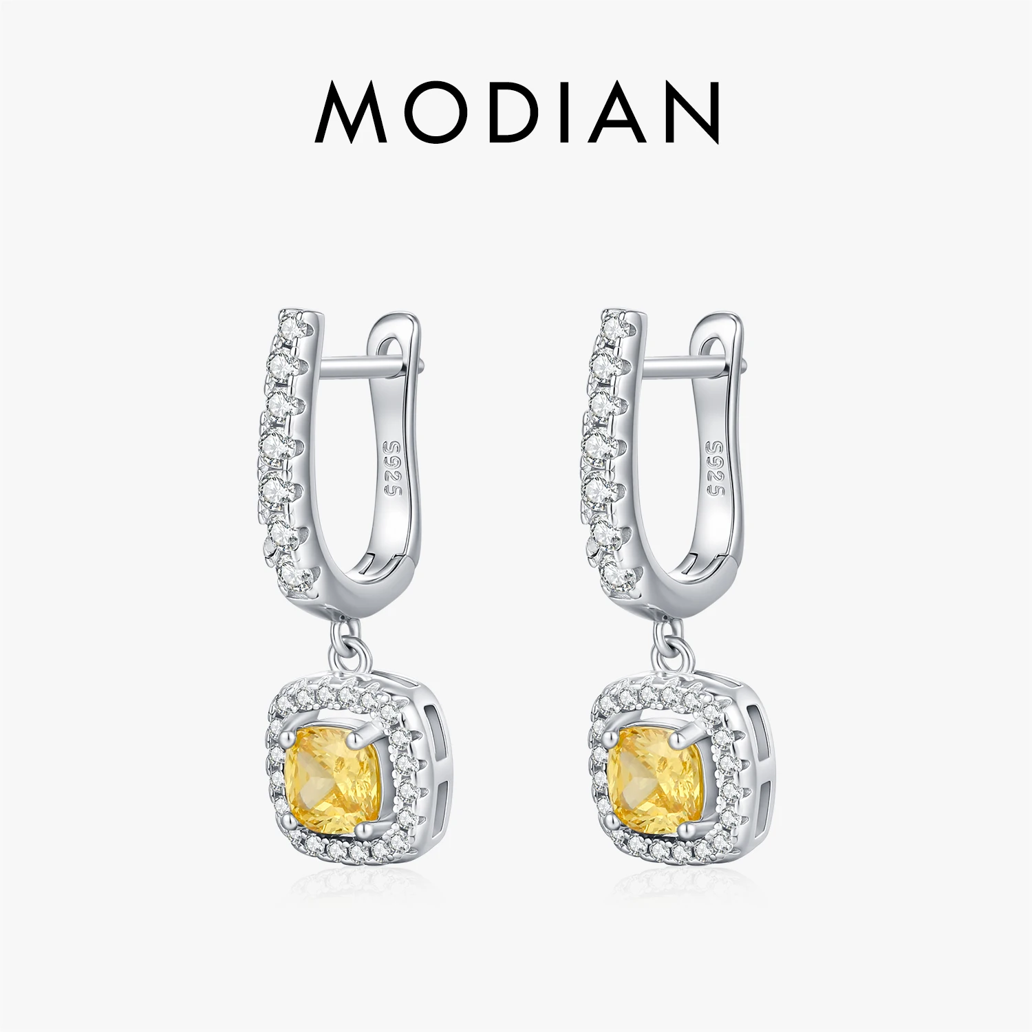 Image of MODIAN Luxus-Zuckerwürfel-Schaukeln-Ohrringe aus 925er-Sterlingsilber, funkelnde gelbe CZ-Creolen für Frauen, Party, edler Schmuck