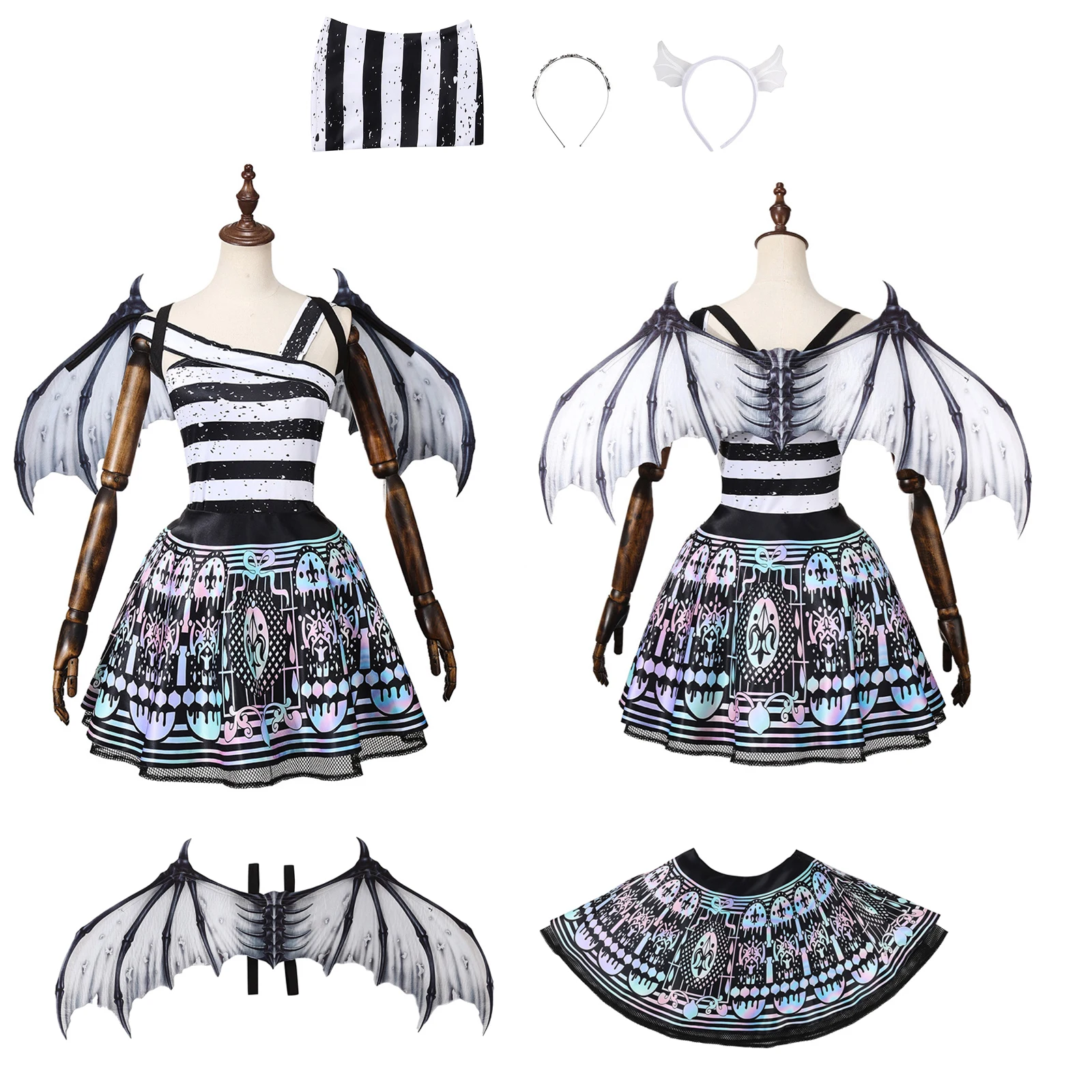 

Stone Statue Cosplay Costume Anime Girl Printed Dress with Wings Hair Hoop Ear Set Halloween Carnival Party Uniform