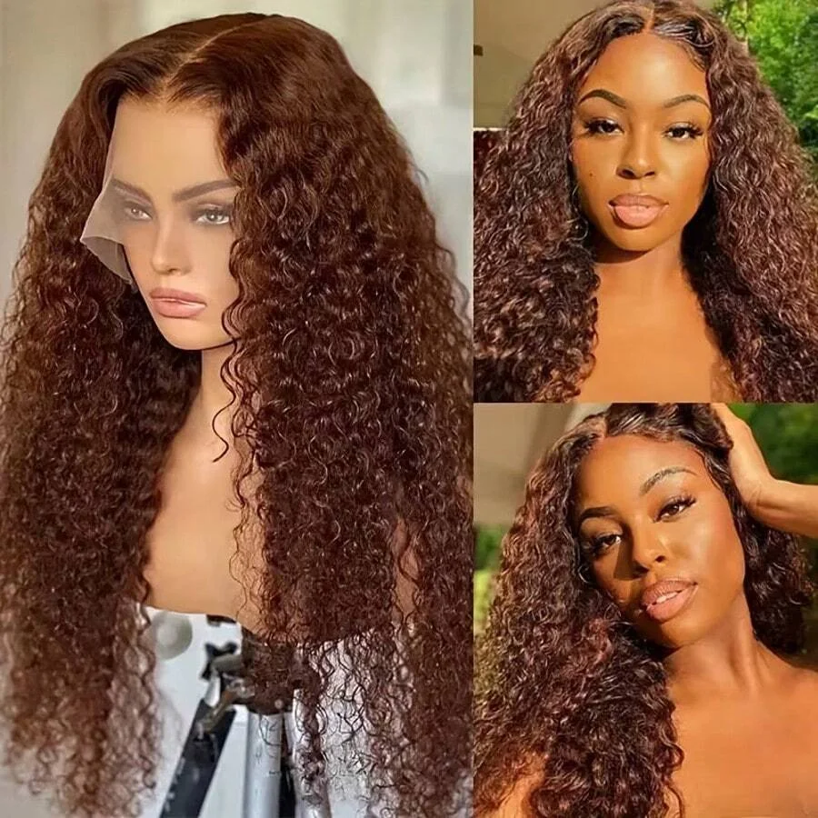 34 Inch 13x4 HD Chocolate Brown Deep Wave Lace Frontal Wigs Human Hair Burmese Colored 13x4 Water Curly Human Hair Wigs For Women 200 Density Preplucked image 2