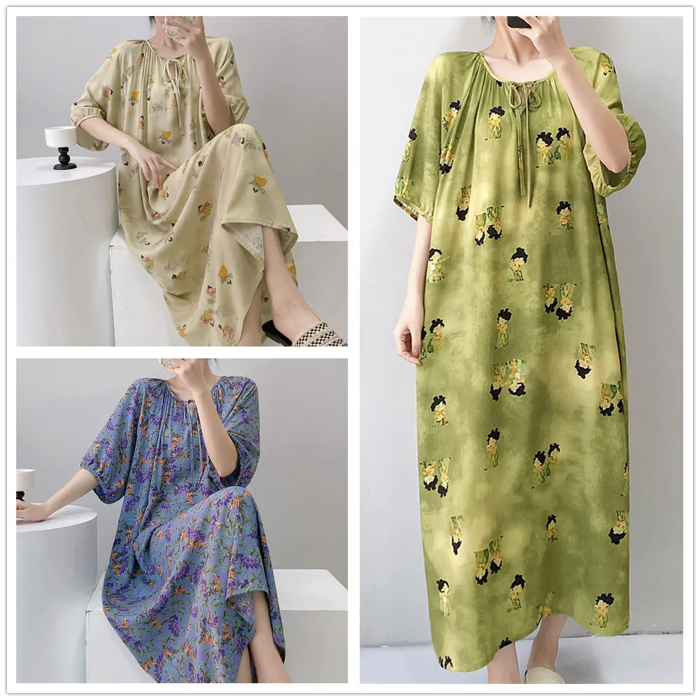 Women's Viscose Painting Shirt Nightgown Girls Student Pajamas Thin Home Wear Dresses Floral Sleepwear Clothes