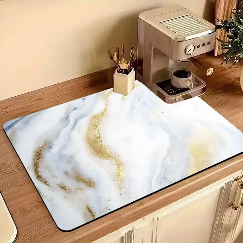 VIKAMA White Blue Gold Sand Marble Coffee Mat Super Absorbent Non Slip Waterproof Coffee Maker Counter Protector