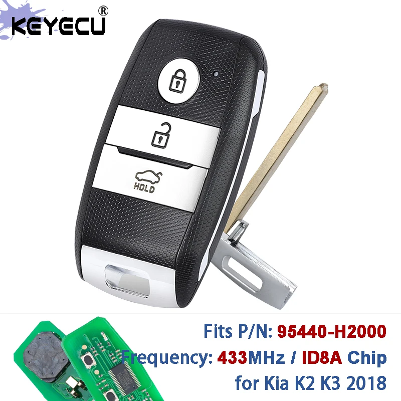 

KEYECU PN: 95440-H2000 433 МГц 8A чип, 3 кнопки, бесключевой доступ, смарт-пульт дистанционного управления для Kia K2 K3 2018