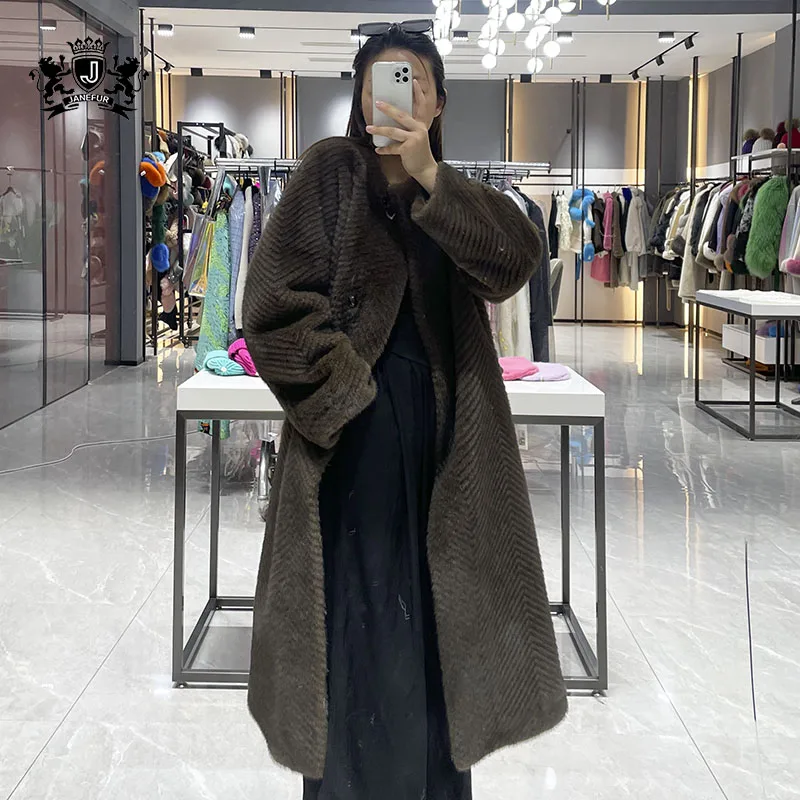 

Women Winter Long Warm Coat Brown Furry Thick Outerwear Round Neck Faux Mink Coat New Fashion Casual Stripe Coat