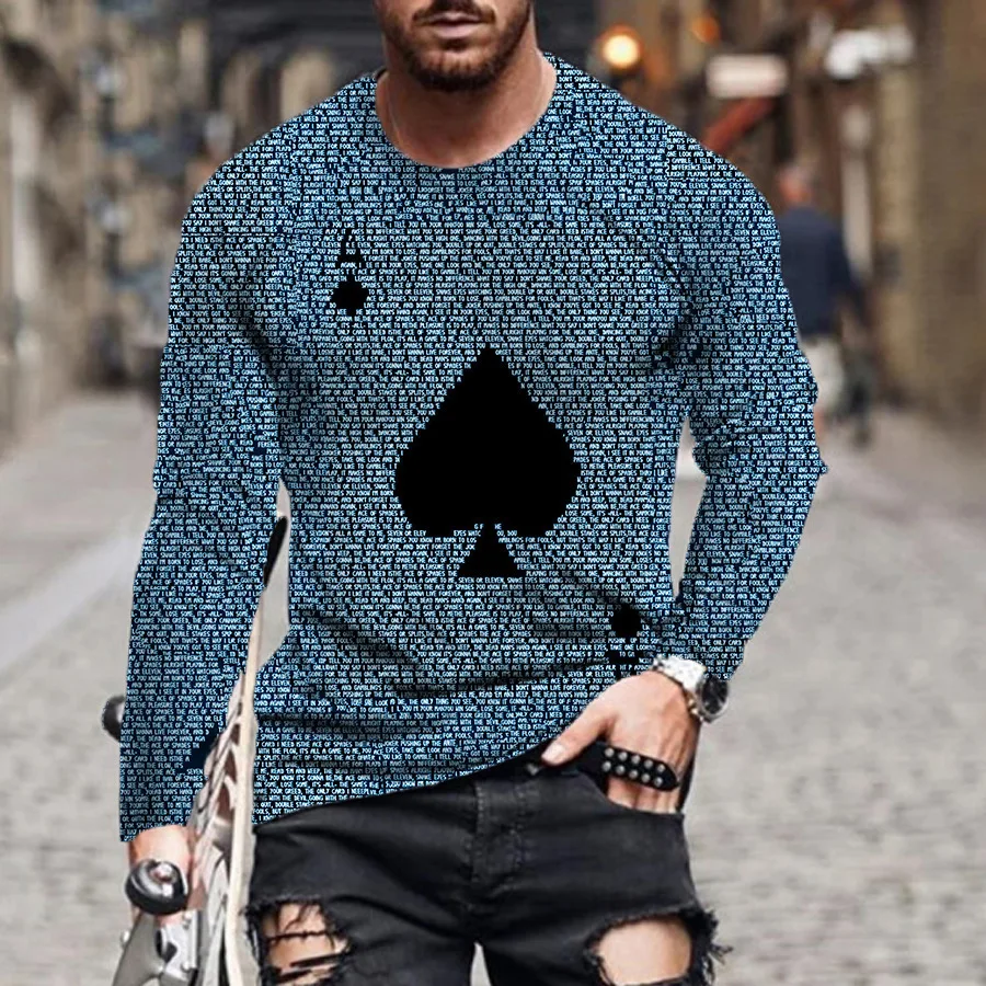 

Men's Letter 3D Full Body Print T-shirt Spades A Pattern Tops Autumn Loose Casual O-neck Long Sleeve Tees Street Hip Hop Clothes