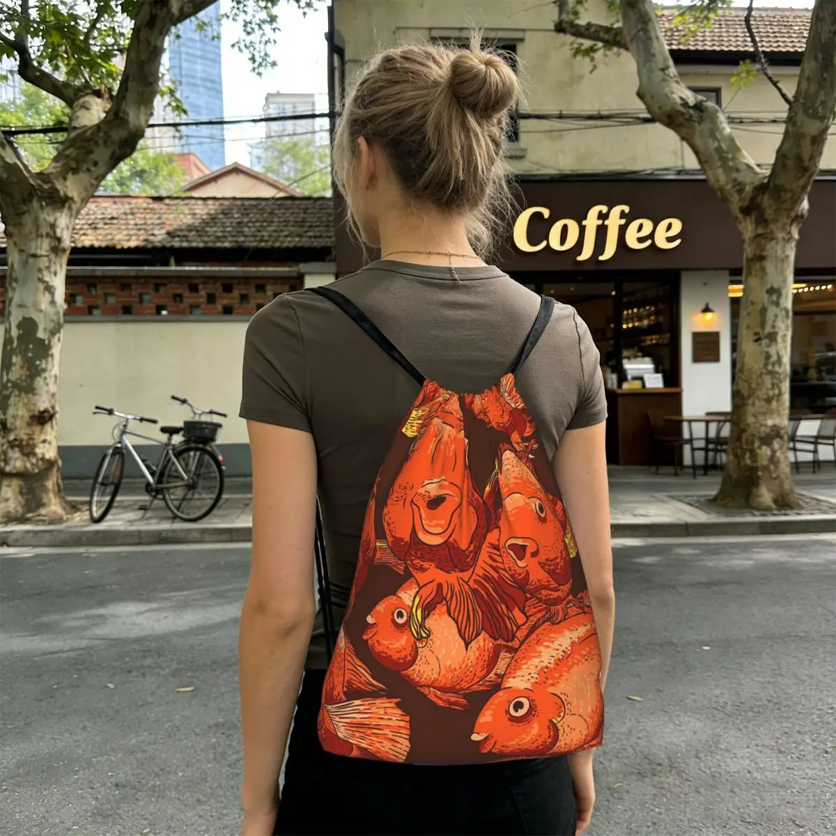 Strange Orange Fish Pattern Backpacks Fashion Drawstring Bags Sundries Bag Book Bags for Travel Students