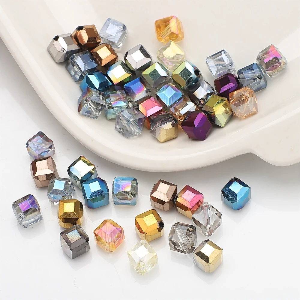 30 Stück 8 mm Diagonal-Loch-Würfel, facettierte Beschichtung, Kristallglas, quadratisch, lose Perlen für Schmuckherstellung, DIY-Ohrring, Bastelzubehör