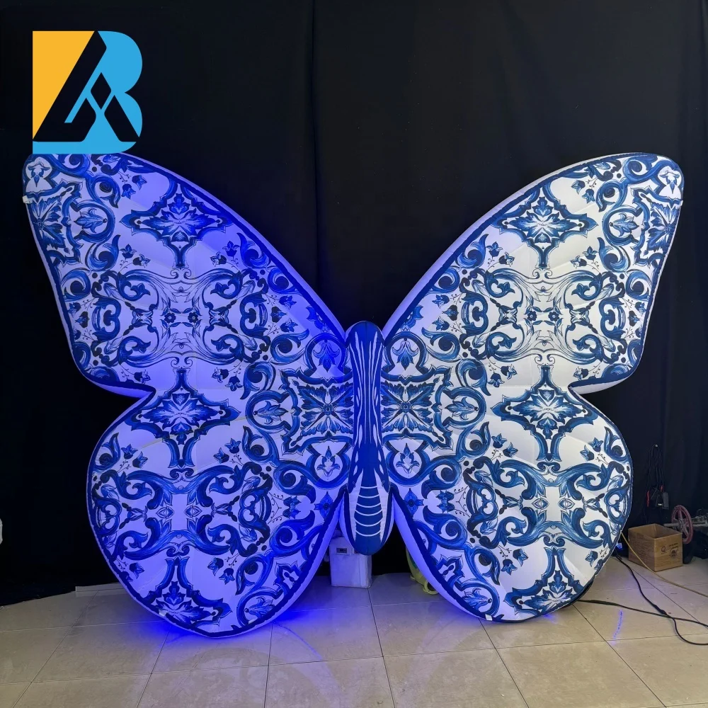 Diseño de mariposa inflable gigante personalizado para decoración de escenario de boda, juguete de alquiler