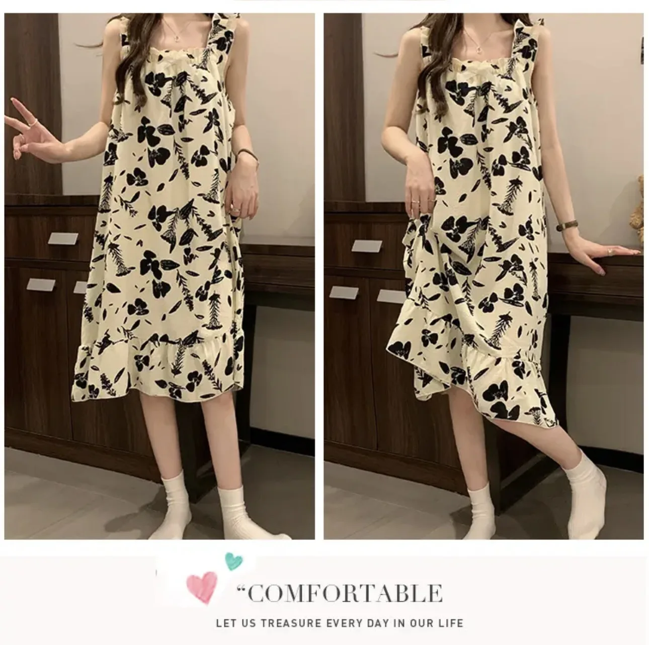 Cute Sexy Spaghetti Strap Nightgown For Women 2024 Summer New With Built In Bra Ladies Home Wear Sleep Dress Can Outwear - view 6