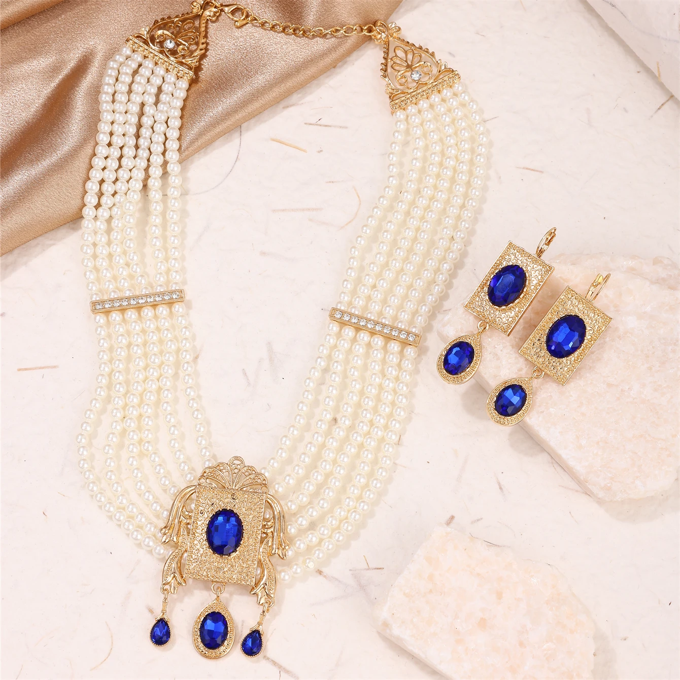 Moroccan Ladies Beads Necklace Earrings Two-piece Set Pearl Elements Of Bride Jewelry Romantic Retro Clothing Accessories