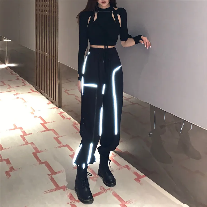 Adults Hip Hop Clothing Black Top Reflective Pants Women'S Group Jazz Dance Costumes Stage Performance Kpop Outfits XS7247