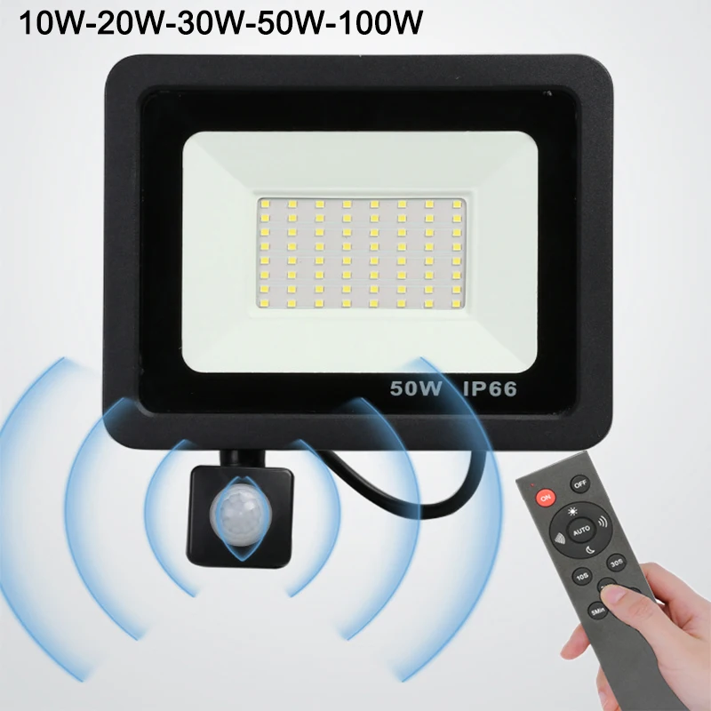 

Светодиодный прожектор с дистанционным управлением, PIR-датчик движения, уличный светодиодный прожектор 10 Вт, 20 Вт, 30 Вт, 50 Вт, 100 Вт, IP66, водонепроницаемые садовые уличные фонари