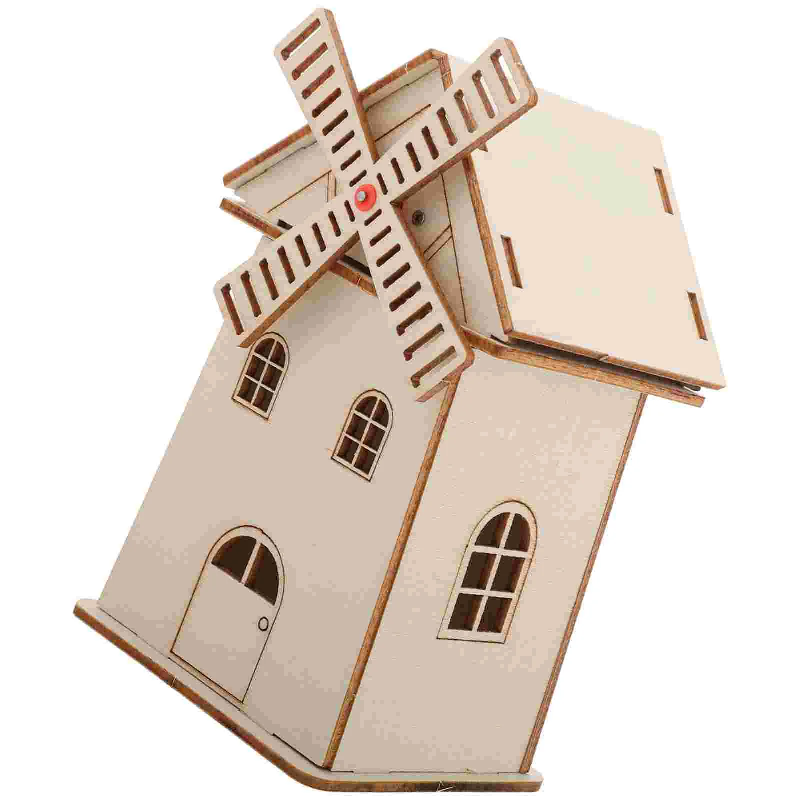 Solar Powered Wooden Windmill House Model Unfinished Paintable Craft Kit Science Toy Desk Office Decor