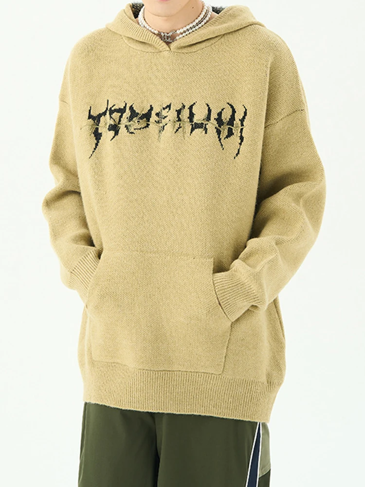 Streetwear Vintage Y2K Skull Crochet Hoodie Mens Spring Fashionable Loose Furry Fleece Hooded Sweatshirt Men Casual Knit Hoodies