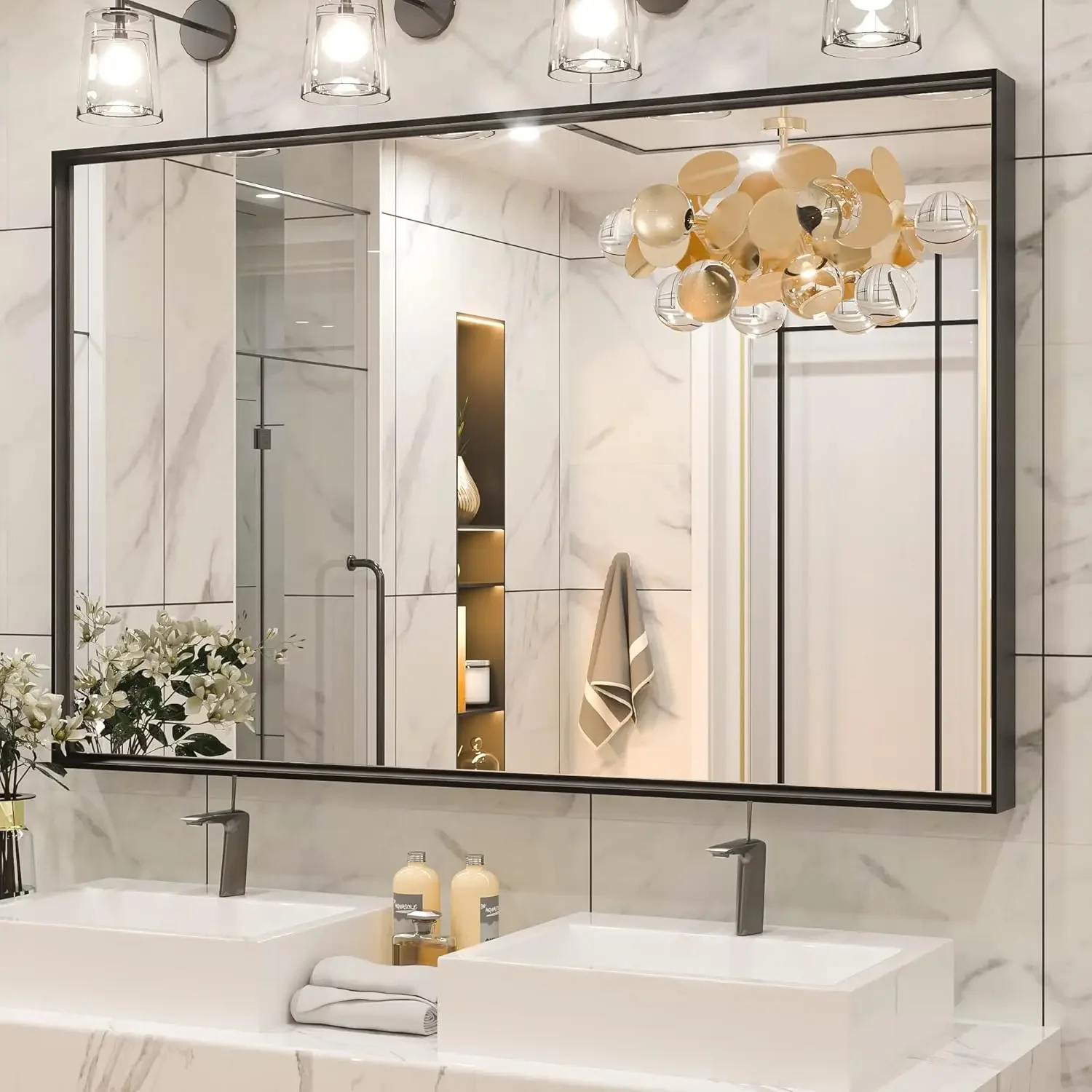 

Black Framed Mirror for Bathroom 48 x 30 Inch Large Matte Black Bathroom Mirror Rectangle Wall Mirror Square Corner Metal Frame