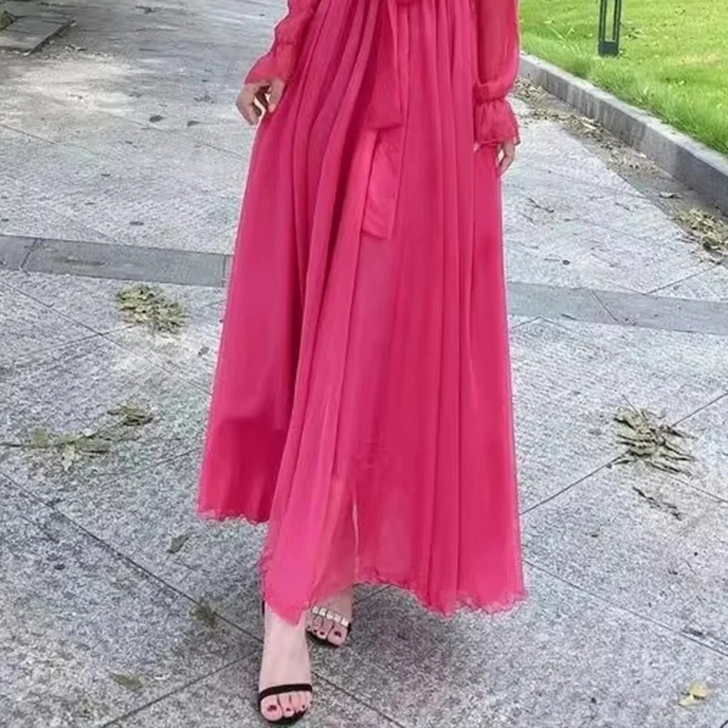 Strand Chiffon Super Langes Kleid Damen Neue Ankunft Frühling Herbst Chic Kleid Elegante Lange Ärmeln Lose Spitze-Up schlanke Kleider