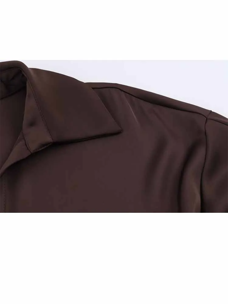 Hh mulher verão nova moda mangas compridas lapela rendas até solto seda cetim textura camisa feminina casual versátil estilo de rua topos