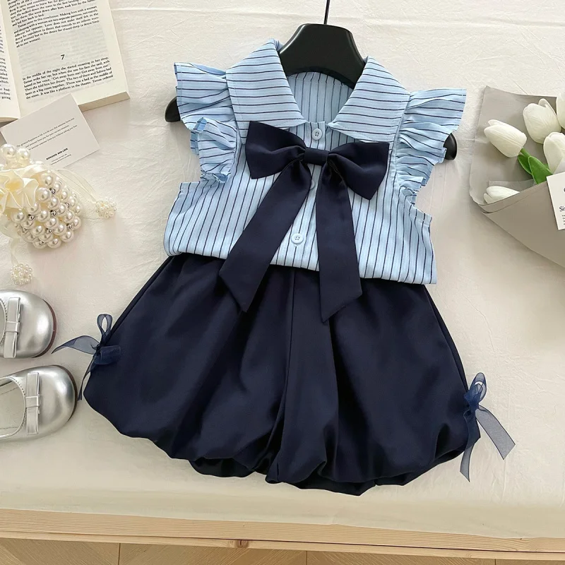 

2025Summer New Girls' Academy Style Striped Short Sleeve Shirt+Bowknot Puff Shorts Set
