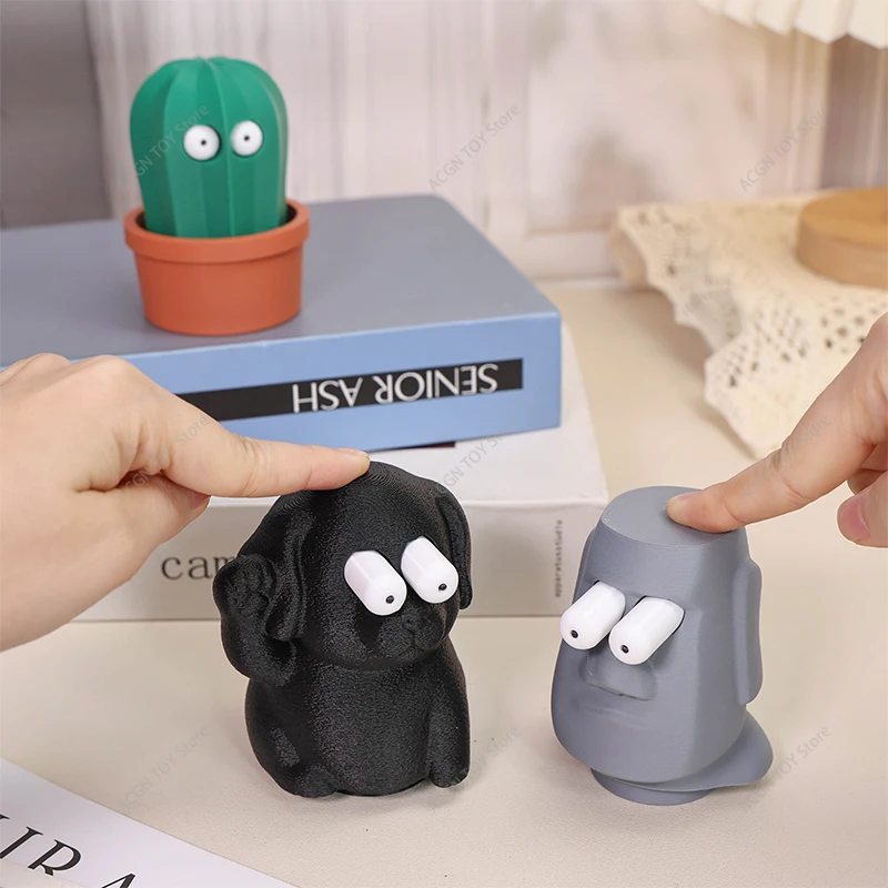 Brinquedo Engraçado de Apertar Olhos Saltitantes Impresso em 3D Moai/Cacto/Cachorro, Brinquedo Anti-stress Criativo para Alívio de Estresse, Brinquedo de Descompressão para Apertar, Decoração de Mesa, Presente