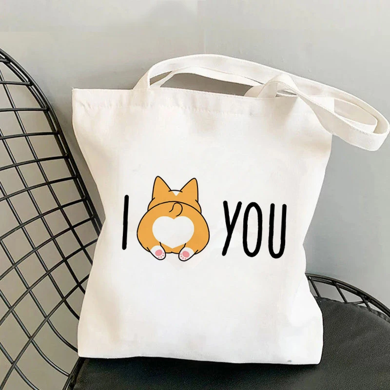 Corgi Boba Milk Tee Print Canvas Tote Bag Women Single Shoulder Bag Student Summer Reusable Shopping Bags