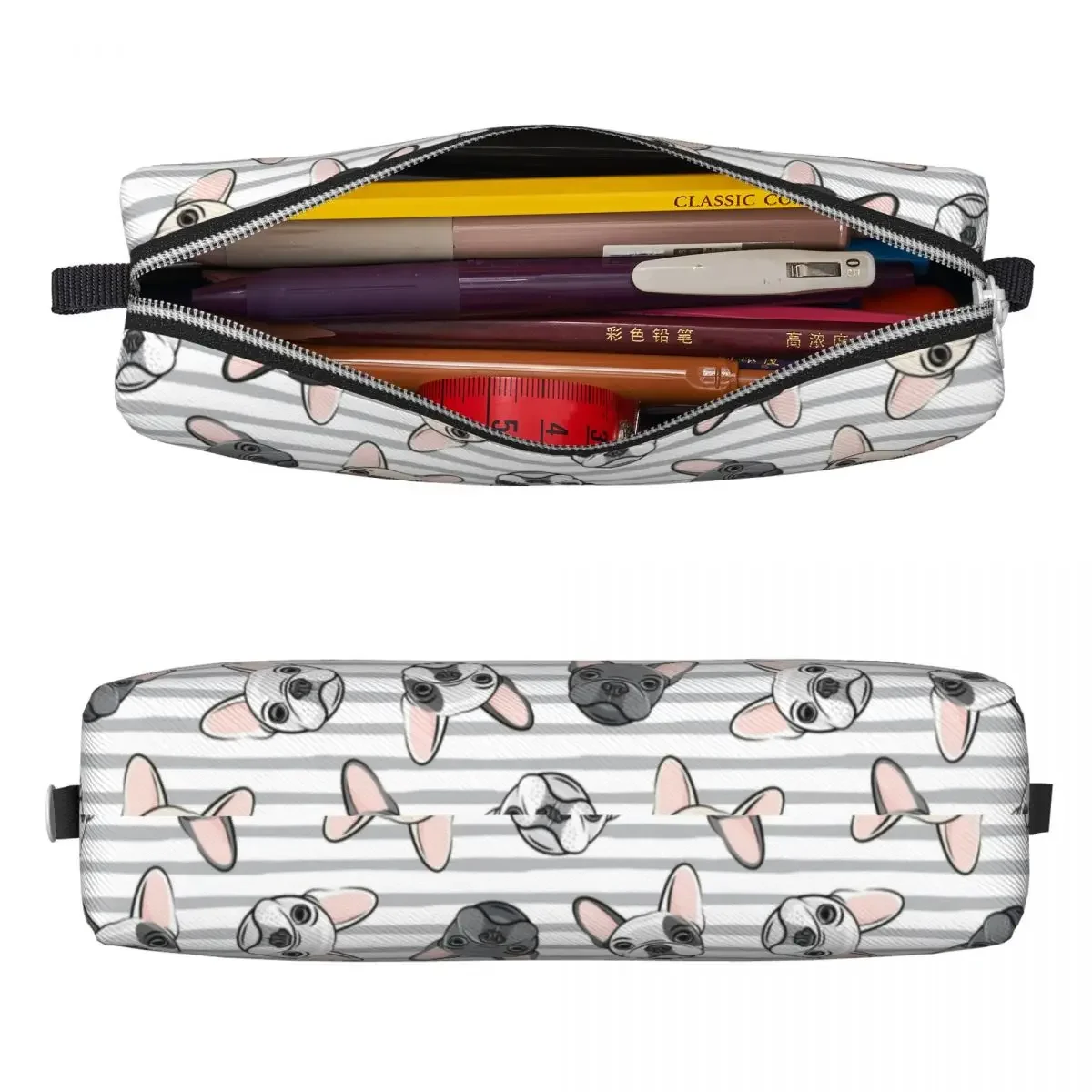 Grey Stripes Cute French Bulldogs Pencil Case Fun Dog Pen Box Bags Girl Boy Big Capacity Office Zipper Pencil Box